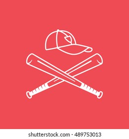 Baseball Bat Cross Line Icon On Red Background
