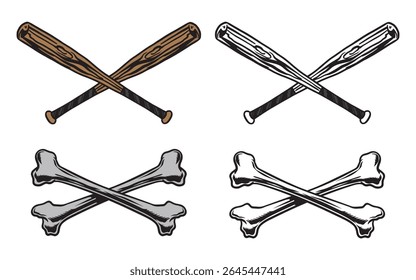 Baseball bat crossed and crossed skull bones vector