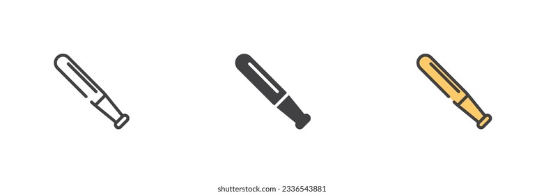 Baseball bat different style icon set. Line, glyph and filled outline colorful version, outline and filled vector sign. Symbol, logo illustration. Vector graphics