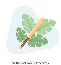 Baseball Bat flat design vector Illustration Icon decorated with leaves for web use for strike, game, competition