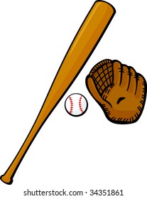 baseball bat, glove and ball