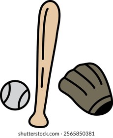 A baseball bat, glove and ball are shown in a cartoon style. The baseball bat is brown and the glove is black. The ball is white and round. Concept of fun and playfulness