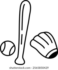 A baseball bat and glove are shown with a ball in the background. Concept of playfulness and fun, as it is a simple drawing of a baseball game