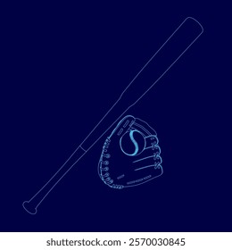 Baseball bat and glove are shown in a blue background. The glove is positioned in front of the bat, and the bat is held in the glove. Concept of playfulness and fun