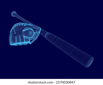 Baseball bat and glove are shown in a blue color scheme. The bat is shown in a 3D, and the glove is shown in a close up