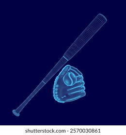 Baseball bat and glove are shown in a blue background. The bat is shown in a 3D, and the glove is shown in a close up. Concept of excitement and anticipation for a baseball game