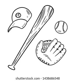 Baseball, baseball bat, hat and catchig glove doodles. Hand drawn sketch set