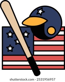 A baseball bat, helmet and baseball glove are on a red, white and blue American flag. Concept of patriotism and pride in the sport of baseball