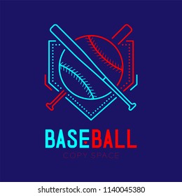 Baseball With Bat And Home Plate Logo Icon Outline Stroke Set Dash Line Design Illustration Isolated On Dark Blue Background With Baseball Text And Copy Space