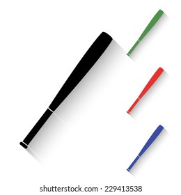 baseball bat icon - black and colored (green, red, blue) illustration with shadow