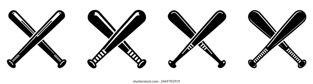 Conjunto de iconos de bate de béisbol. Bates de béisbol cruzados en diseño plano. Ilustración vectorial.