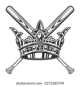 Baseball bat with king crown club emblem design elements template in vintage monochrome style isolated vector illustration