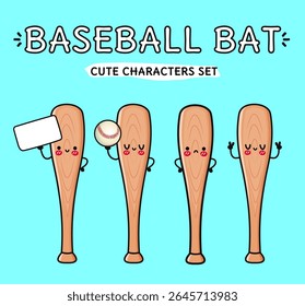Baseball Bat mascots expressing varied emotions while gripping blank sign and baseball, ideal for sports graphic design projects
