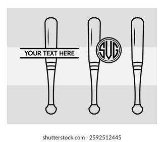 Baseball Bat Monogram, Baseball Stick, Baseball Outline, Split Monogram, Circle Monogram, Silhouette, Bat Outline, Clipart, Sports, Stick Eps, 