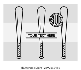 Baseball Bat Monogram, Baseball Stick, Baseball Outline, Split Monogram, Circle Monogram, Silhouette, Bat Outline, Clipart, Sports, Stick Eps, 