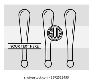 Baseball Bat Monogram, Baseball Stick, Baseball Outline, Split Monogram, Circle Monogram, Silhouette, Bat Outline, Clipart, Sports, Stick Eps, 