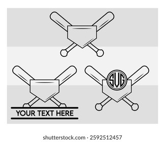 Baseball Bat Monogram, Baseball Stick, Baseball Outline, Split Monogram, Circle Monogram, Silhouette, Bat Outline, Clipart, Sports, Stick Eps, 