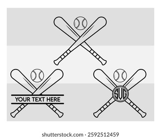 Baseball Bat Monogram, Baseball Stick, Baseball Outline, Split Monogram, Circle Monogram, Silhouette, Bat Outline, Clipart, Sports, Stick Eps, 