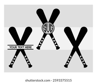 Baseball Bat Monogram, Baseball Stick, Baseball Bat Silhouette, Split Monogram, Circle Monogram, Sports, Silhouette, Vector, 