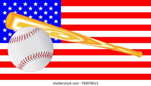 A baseball and bat on a Stars and Stripes flag background