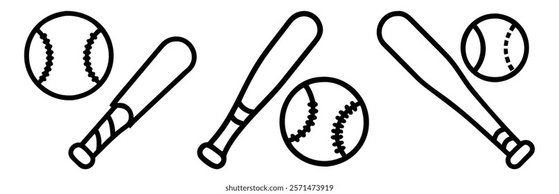 Baseball and bat outline icons, A set of three black outline icons featuring baseballs and bats in simple designs, representing sports and recreation themes. 
