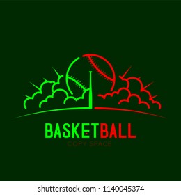 Baseball with bat and radius cloud logo icon outline stroke set dash line design illustration isolated on dark green background with baseball text and copy space