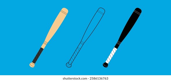 Baseball bat set icon: color, outline, black and white. For sports themes, outdoor games and team activity concepts. Flat vector on coloured background.