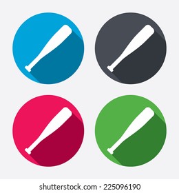 Baseball bat sign icon. Sport hit equipment symbol. Circle buttons with long shadow. 4 icons set. Vector