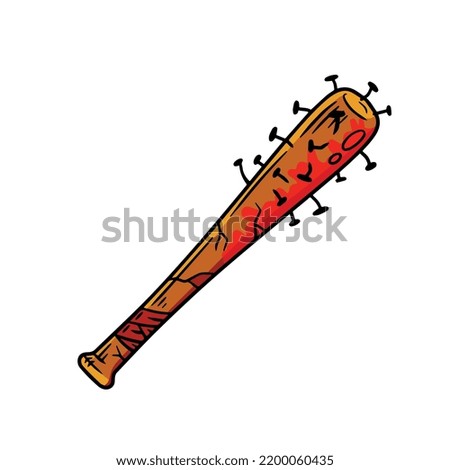 Baseball bat with spikes. Weapon of marauder and bandit. Stick with sharp nails. Outline cartoon illustration isolated on white