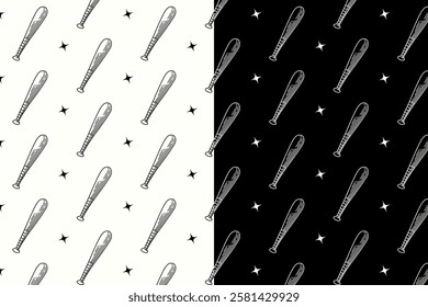 baseball bat with star doodle seamless pattern on black white background set. baseball stick with light engraving pattern background. retro bat stick background for baseball sport club merchandise