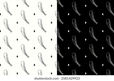 baseball bat swinging doodle seamless pattern on black white background set. baseball stick curved engraving pattern background. retro bat stick background for baseball sport club merchandise