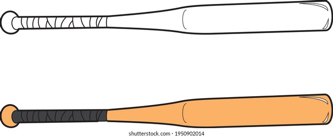 Baseball bat vector drawings, cartoon vector, line art and color