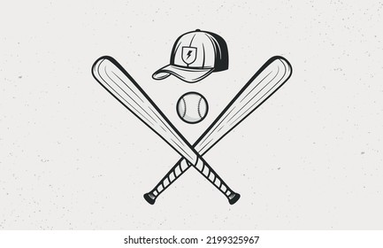 Baseball bats, ball and cap icons. Vintage design elements for logo, badges, banners, labels. Vector illustration