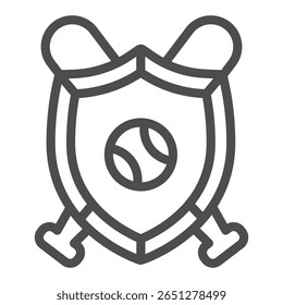 Baseball bats with ball on team shield line icon, baseball game concept. Vector graphics. Crossed bats and sport emblem sign on white background, outline style icon for mobile or web design
