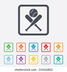 Baseball bats and ball sign icon. Sport hit equipment symbol. Round squares buttons with frame. Vector