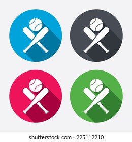 Baseball bats and ball sign icon. Sport hit equipment symbol. Circle buttons with long shadow. 4 icons set. Vector