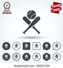Baseball bats and ball sign icon. Sport hit equipment symbol. Circle, star, speech bubble and square buttons. Award medal with check mark. Thank you ribbon. Vector