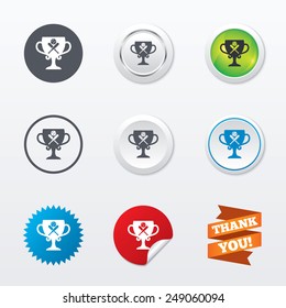 Baseball bats and ball sign icon. Sport hit equipment symbol. Winner award cup. Circle concept buttons. Metal edging. Star and label sticker. Vector