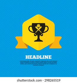 Baseball bats and ball sign icon. Sport hit equipment symbol. Winner award cup. Yellow label tag. Circles seamless pattern on back. Vector