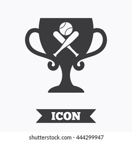 Baseball bats and ball sign icon. Sport hit equipment symbol. Winner award cup. Graphic design element. Flat baseball symbol on white background. Vector
