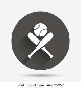 Baseball bats and ball sign icon. Sport hit equipment symbol. Circle flat button with shadow. Vector