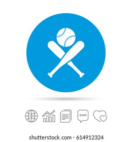 Baseball bats and ball sign icon. Sport hit equipment symbol. Copy files, chat speech bubble and chart web icons. Vector