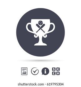 Baseball bats and ball sign icon. Sport hit equipment symbol. Winner award cup. Report document, information and check tick icons. Currency exchange. Vector