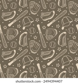 Baseball Bats, Balls, Caps, Gloves, and Sneakers Line Art Doodles on Brown Seamless Pattern Design