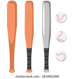Baseballschläger und Bälle, Vektorgrafik einzeln auf weißem Hintergrund.