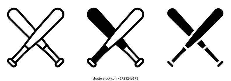Bastões de beisebol cruzados em três estilos e cores diferentes,Ícone de bastão de beisebol cruzado silhueta vetor ilustração plana design.ícone de bastão de beisebol ilustração logotipo design