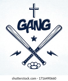 Baseball bats crossed vector criminal gang logo or sign, gangster style theme.