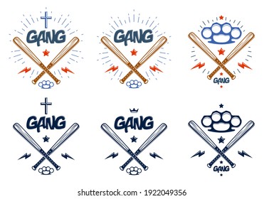 Baseball bats crossed vector criminal gang logos or signs set, gangster style theme.