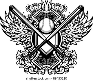 Baseball Bats, Baseball, and Home Plate with Ornate Wing Borders Vector Graphic