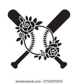Baseball bats and roses a black and white floral sports design